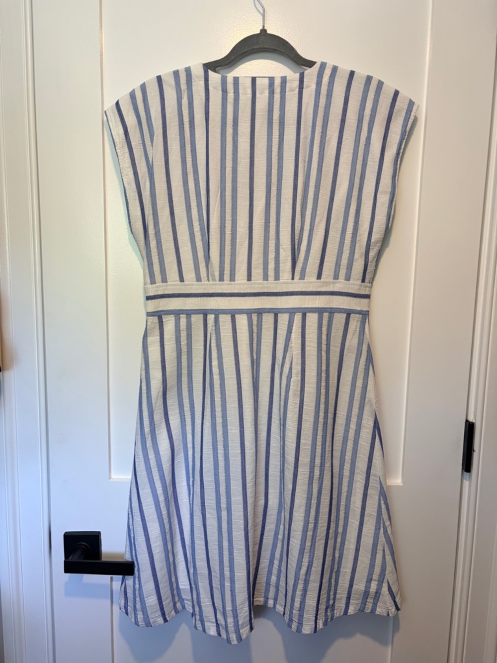 LOFT White and Blue Striped V-Neck Button-Front Midi Dress - Picture 8 of 8
